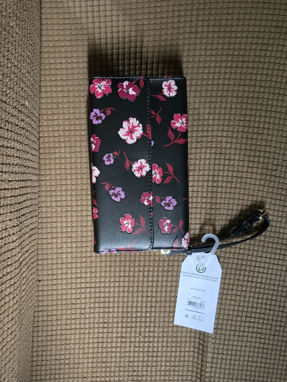 Time and Tru Black Floral Wristlet with Pink & Purple Blooms